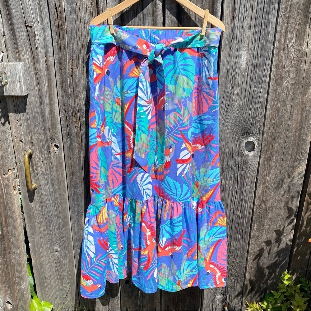 Vibrant Tropical Print Midi Skirt with Tie Waist - Blue